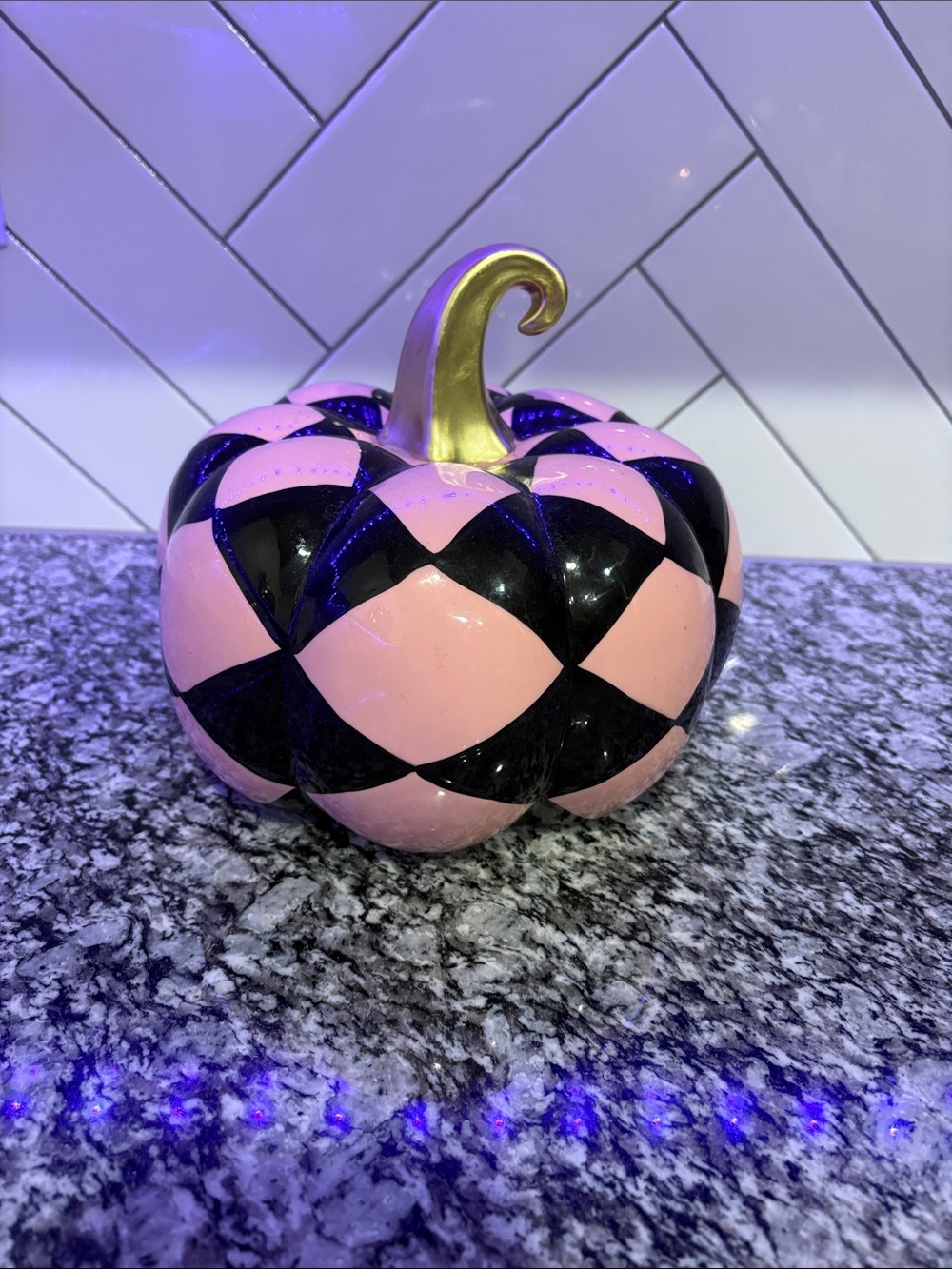 Decorative Checkerboard Pumpkin - Pink and Black with Gold Stem